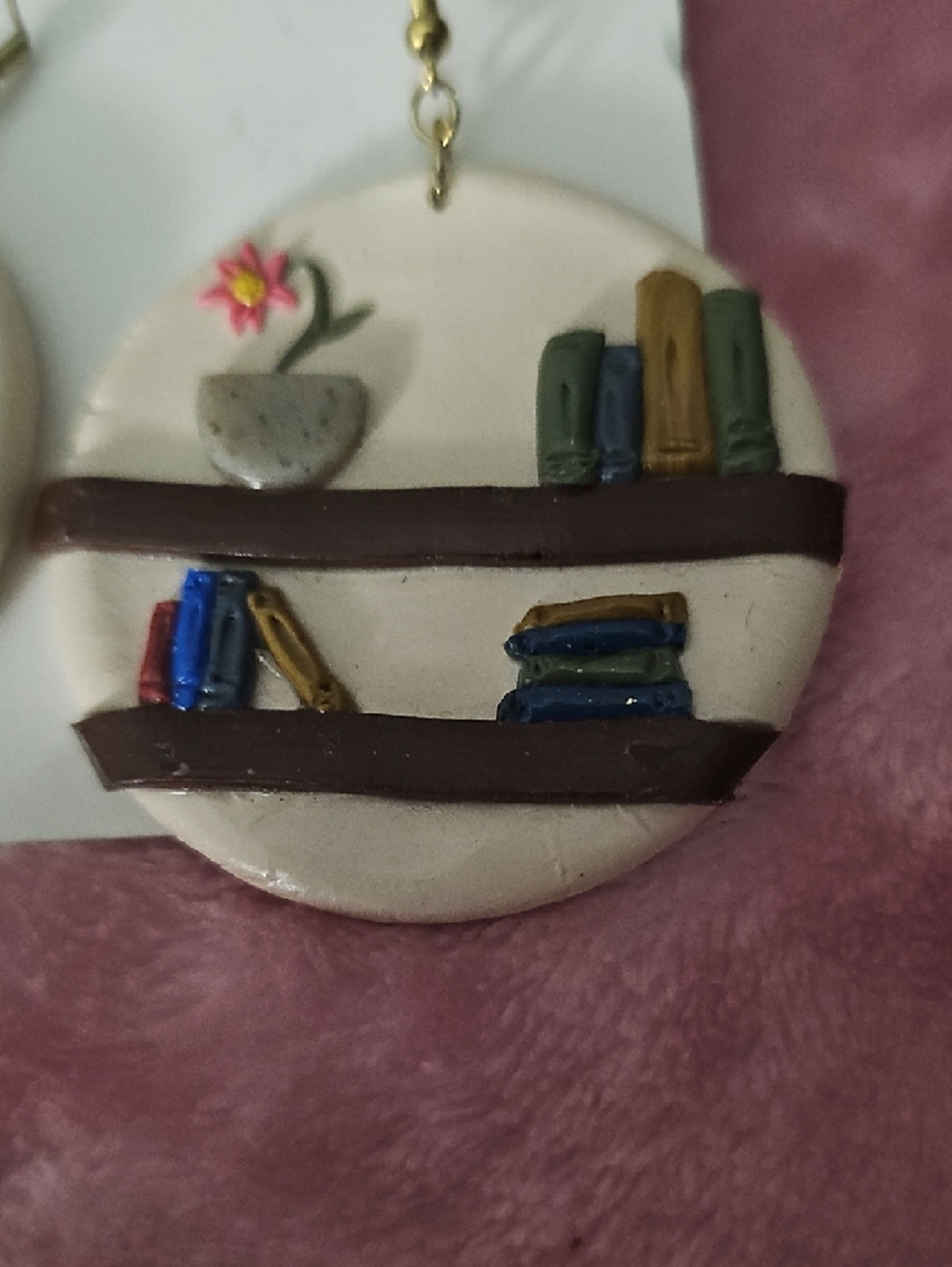 Handcrafted White Ceramic Bookshelf Drop Earrings with Multicolor Accents - Picture 2 of 4